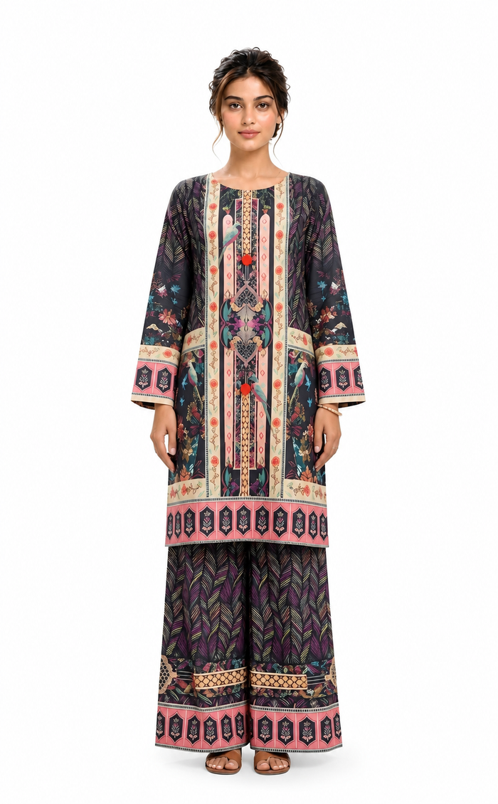 Charcoal Bird & Floral Printed 2-Piece Suit with Palazzo