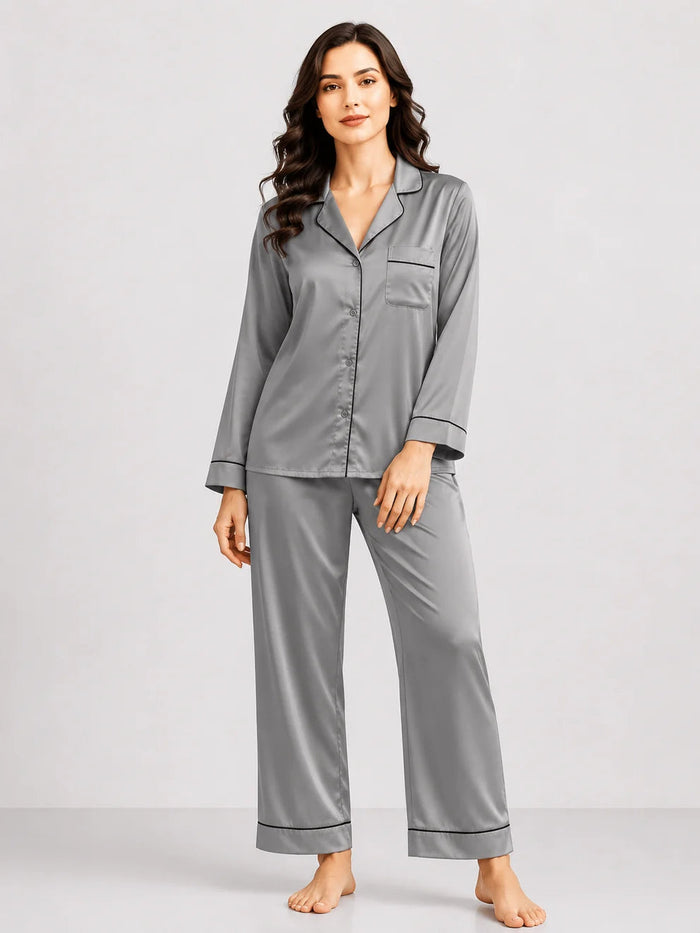 Plain Silk Night Suit - Grey