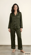 Plain Silk Night Suit - Olive