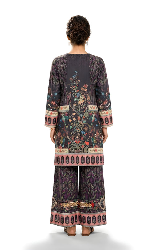 Charcoal Bird & Floral Printed 2-Piece Suit with Palazzo