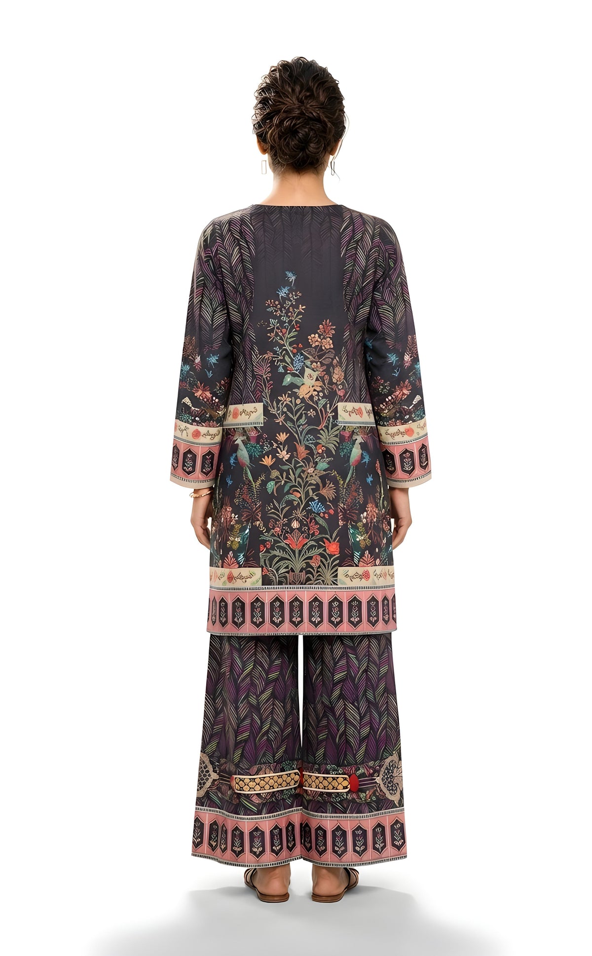 Charcoal Bird & Floral Printed 2-Piece Suit with Palazzo
