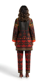 Red & Black Folk Printed 2-Piece Suit with Straight Trousers