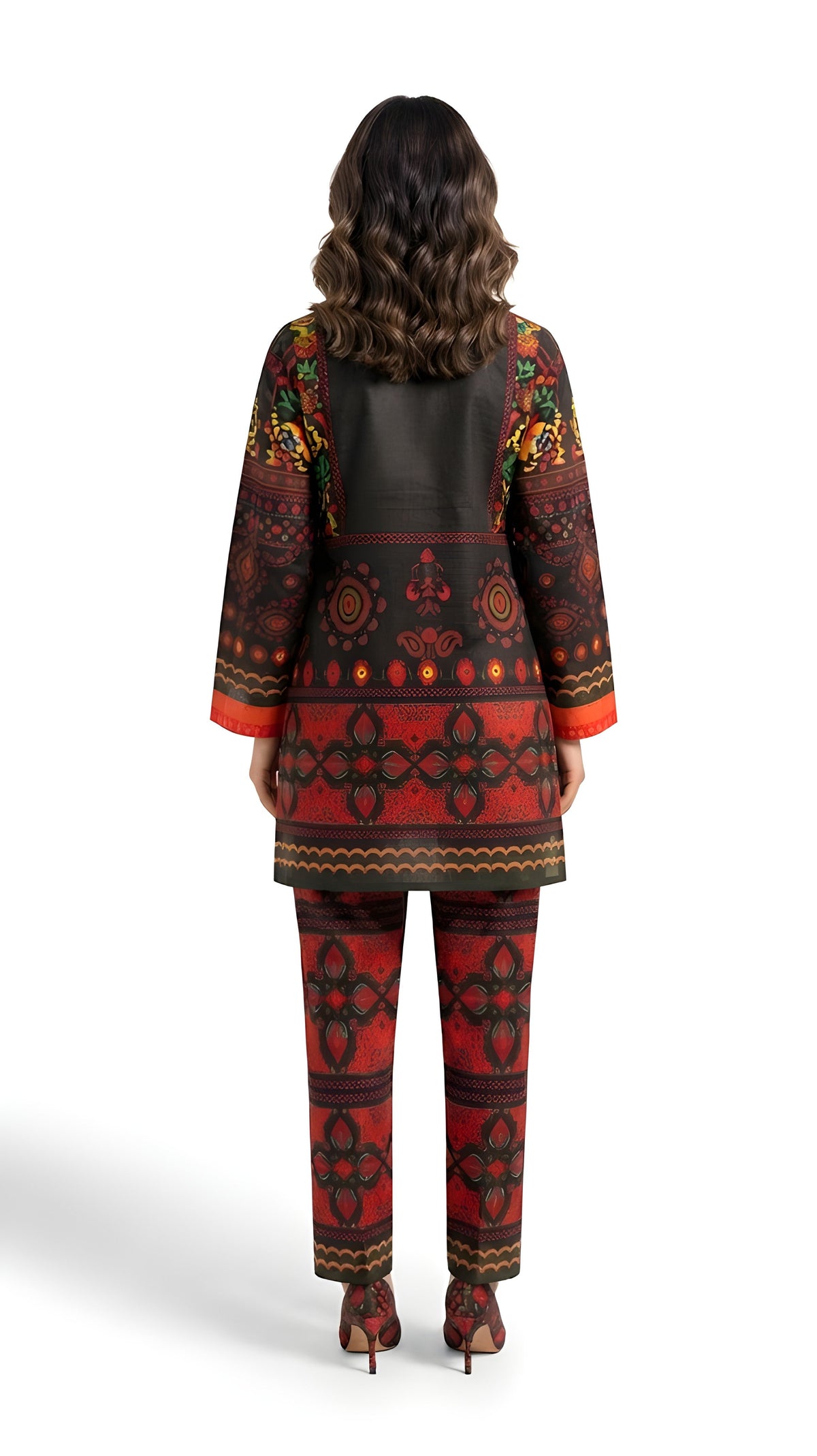 Red & Black Folk Printed 2-Piece Suit with Straight Trousers