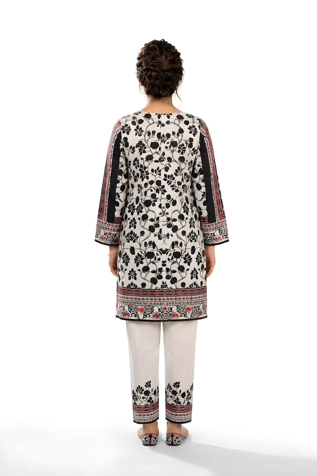 Black & White Floral Printed 2-Piece Suit with Straight Trousers