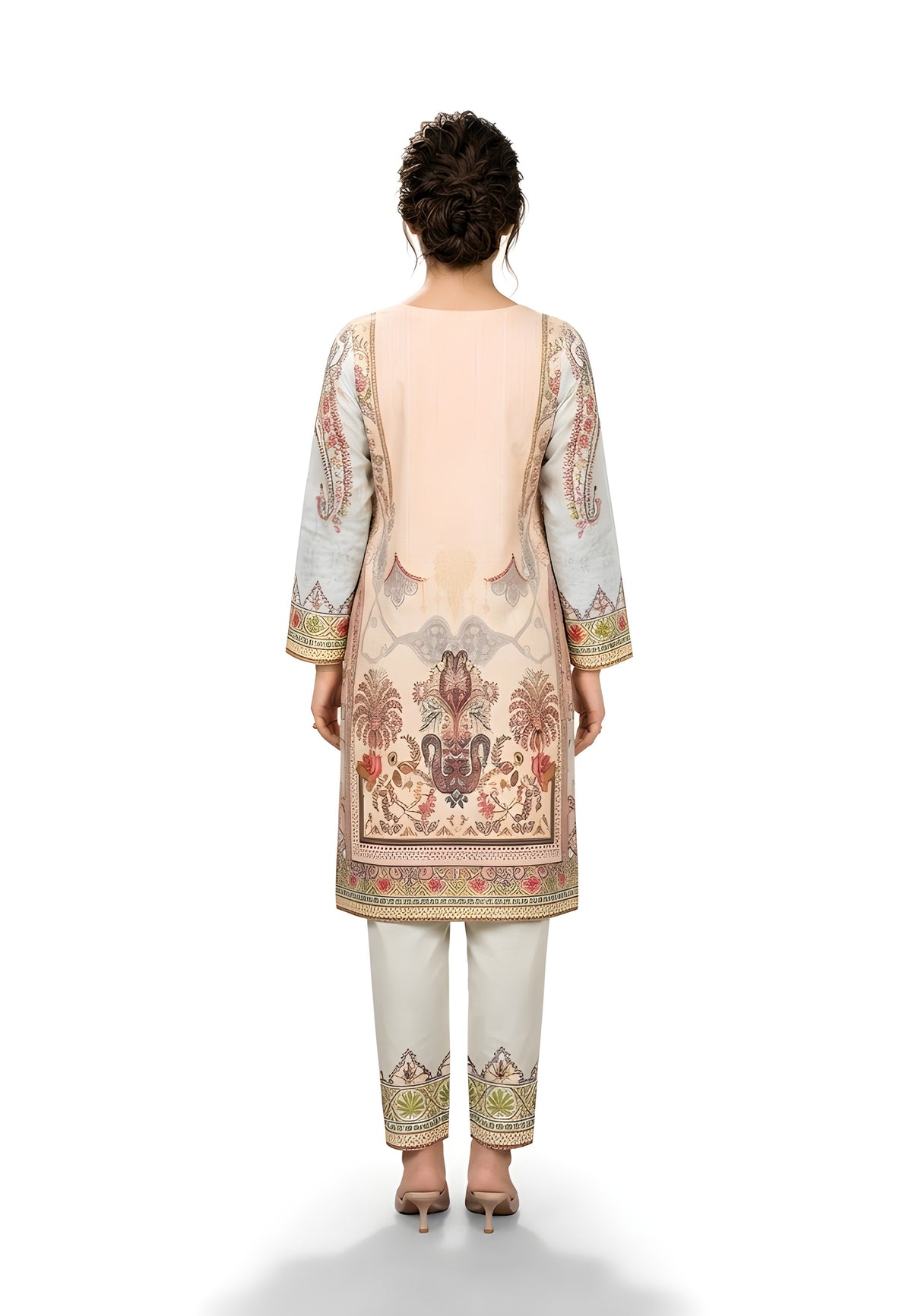 Peach Paisley Printed 2-Piece Suit with Straight Trousers
