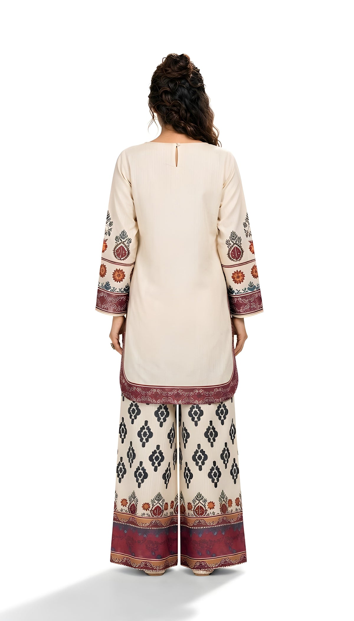 Ivory Floral Printed 2-Piece Suit with Ikat Palazzo
