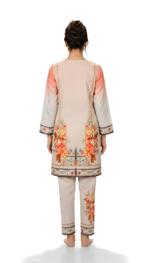 Coral Ombre Floral Printed 2-Piece Suit with Straight Trousers
