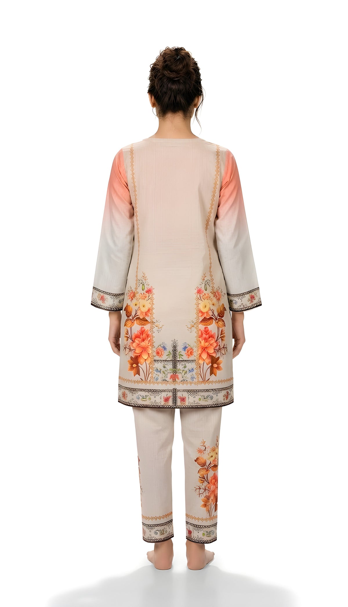 Coral Ombre Floral Printed 2-Piece Suit with Straight Trousers
