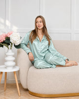 Plain Silk Night Suit - Aqua Cream