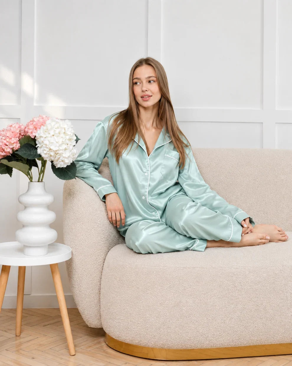Plain Silk Night Suit - Aqua Cream