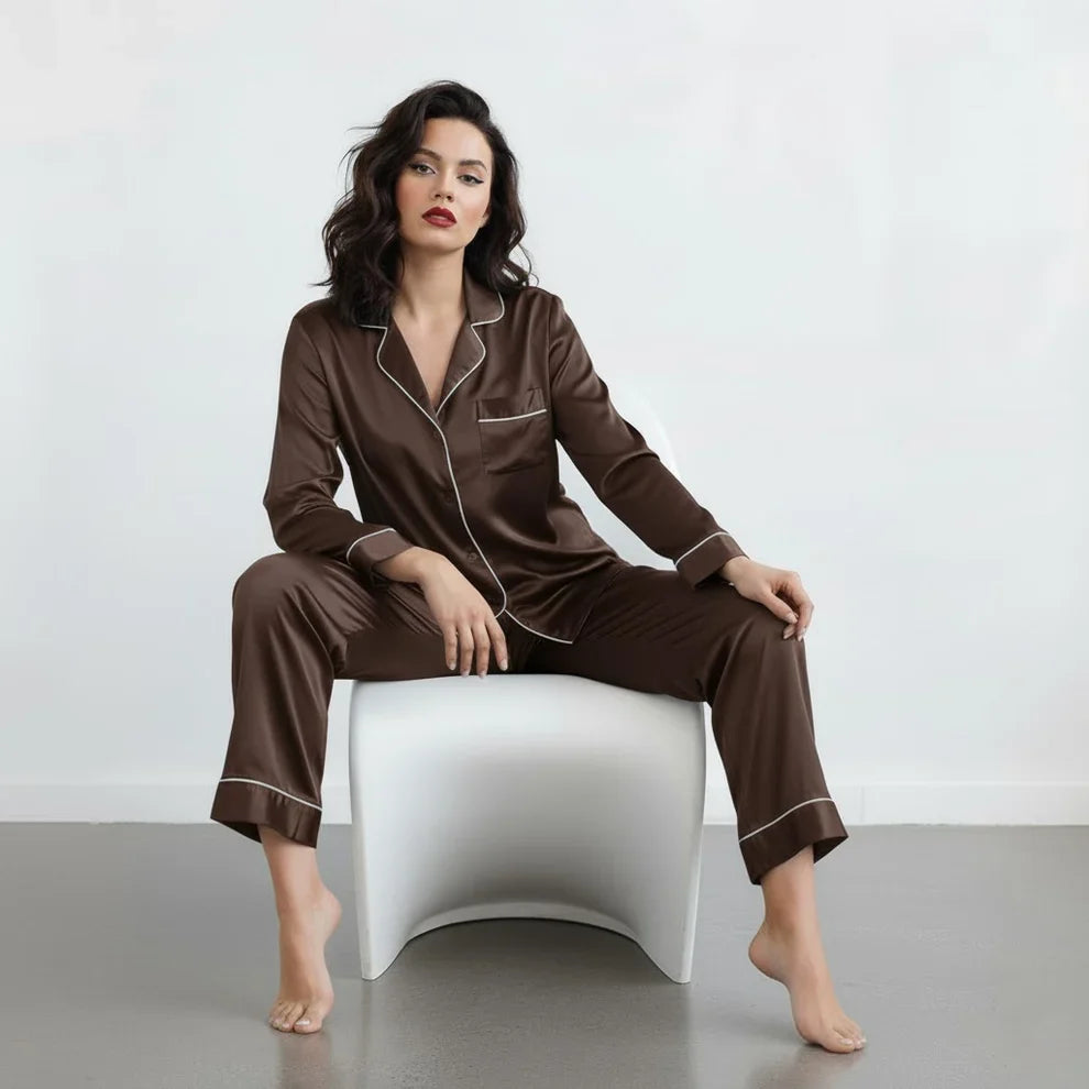 Plain Silk Night Suit - Brown