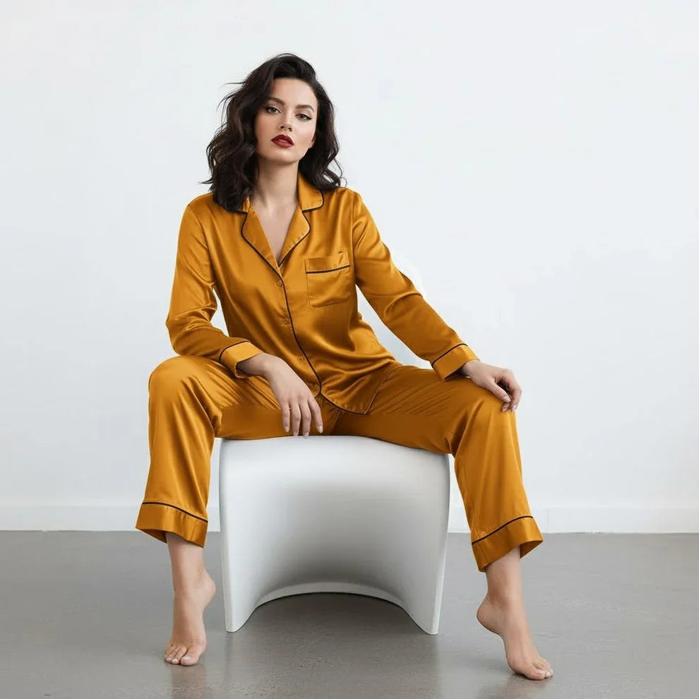 Plain Silk Night Suit - Camel Brown