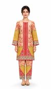 Peach & Mustard Floral Printed 2-Piece Suit with Straight Trousers