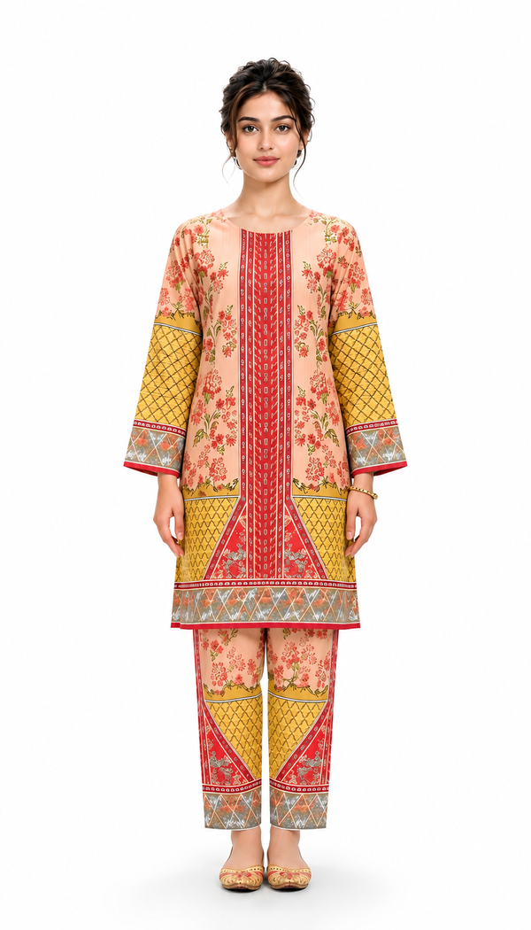 Peach & Mustard Floral Printed 2-Piece Suit with Straight Trousers