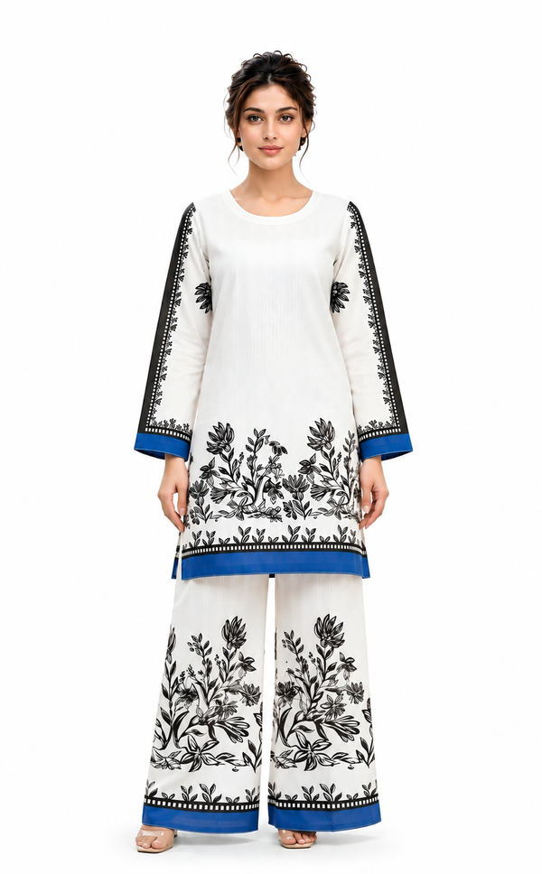White & Blue Floral Printed 2-Piece Suit with Palazzo