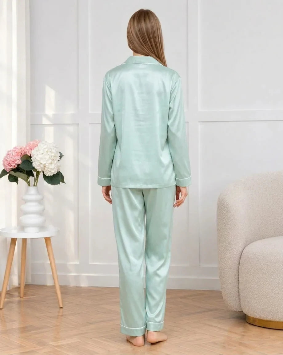 Plain Silk Night Suit - Aqua Cream