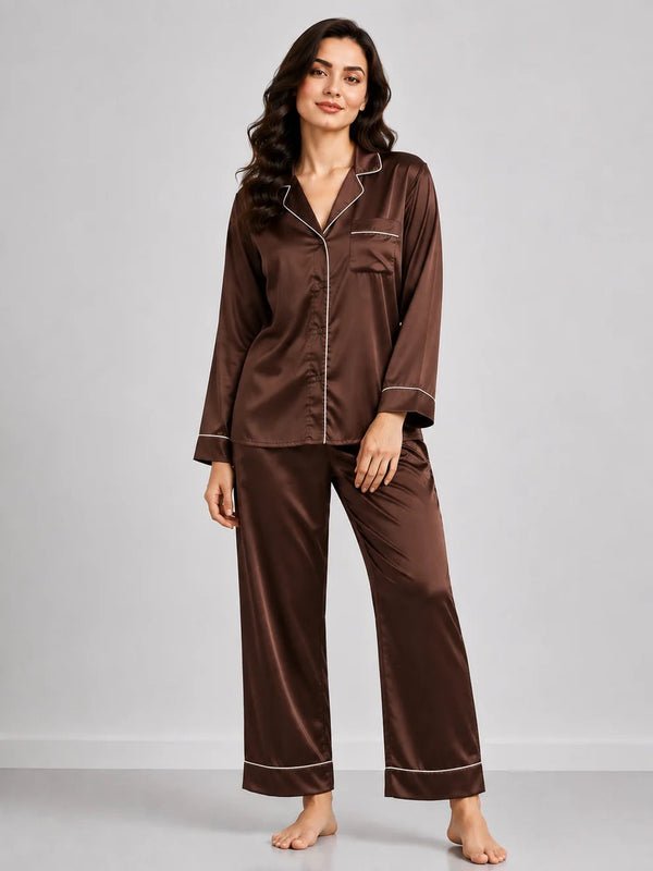 Plain Silk Night Suit - Brown