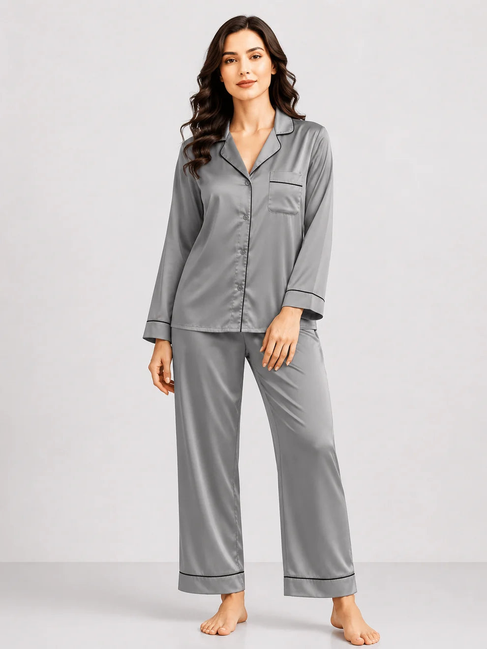 Plain Silk Night Suit - Grey