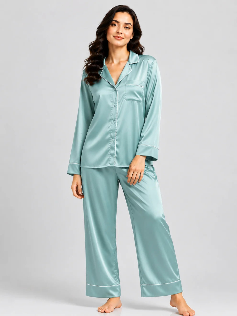 Plain Silk Night Suit - Seafoam Green