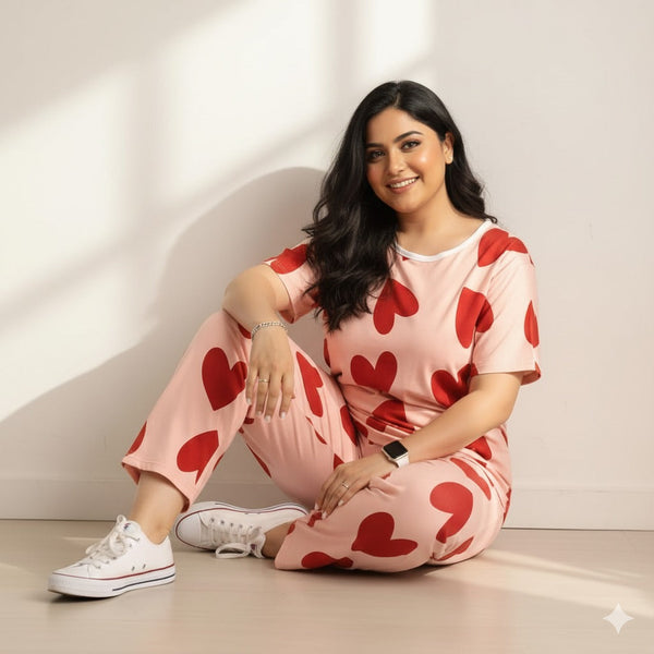 Pink Heart Dilbar Printed - PJ Suit