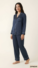 Plain Silk Night Suit - Navy Blue