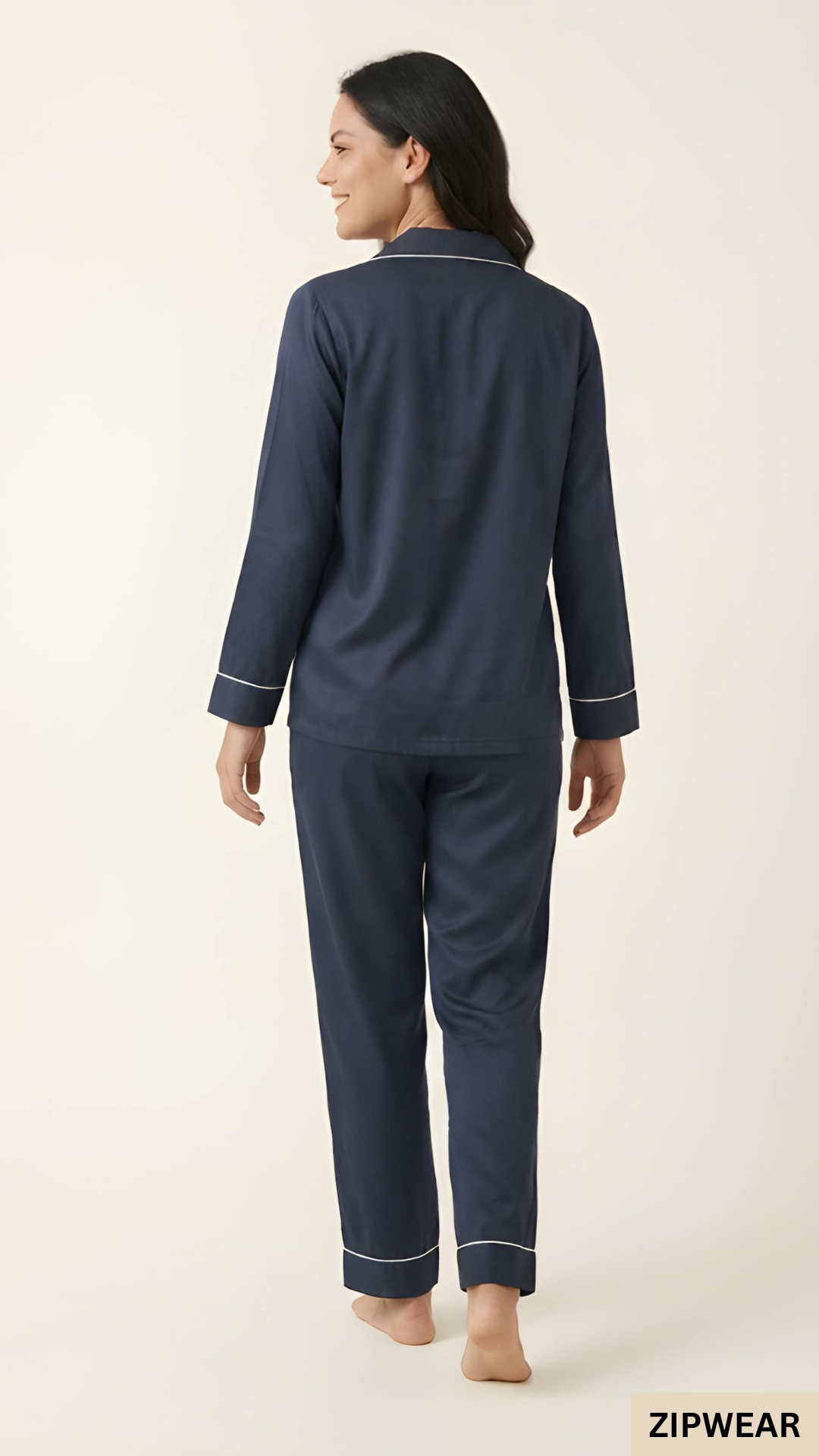 Plain Silk Night Suit - Navy Blue