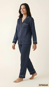 Plain Silk Night Suit - Navy Blue