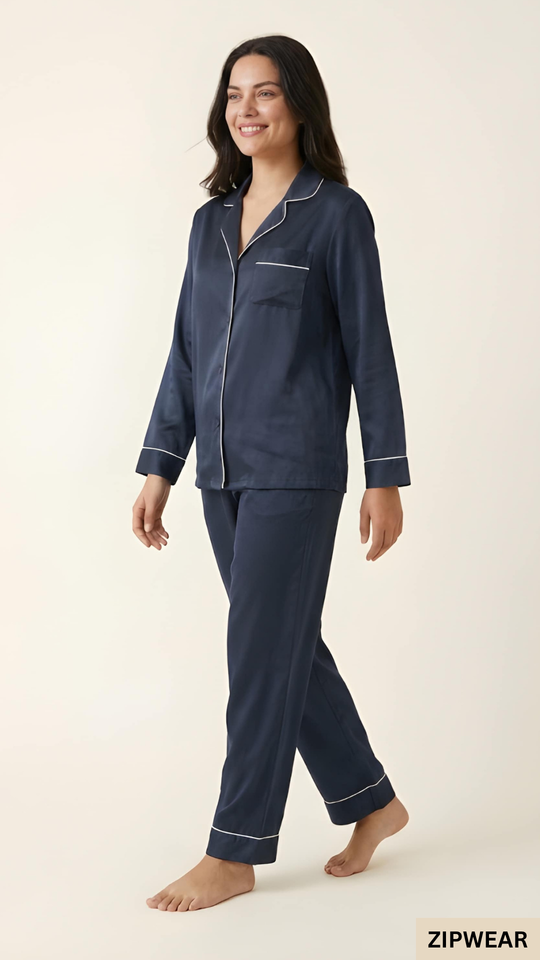 Plain Silk Night Suit - Navy Blue