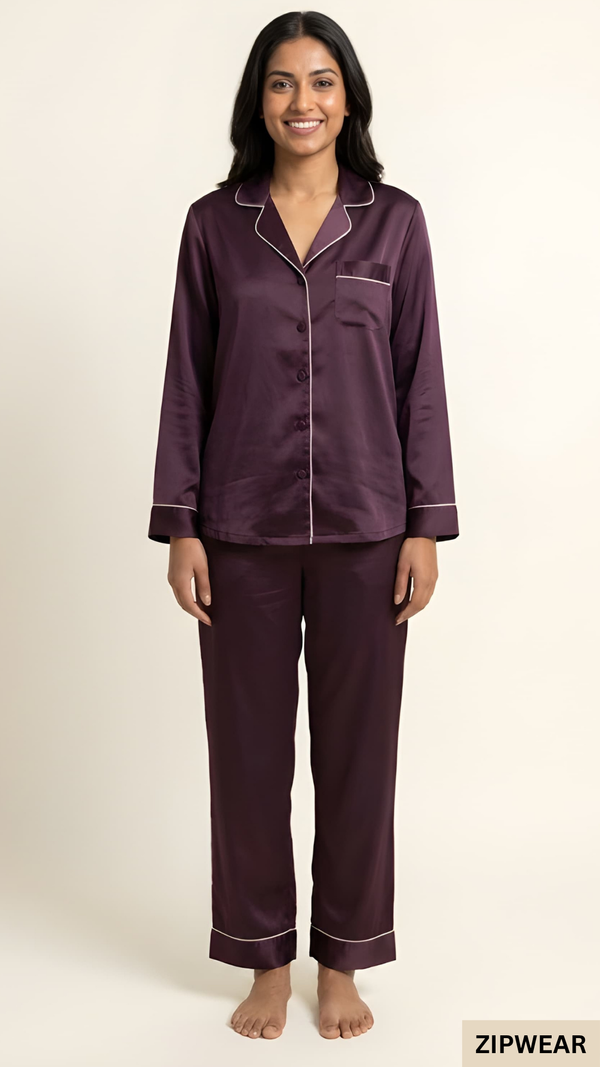 Plain Silk Night Suit - Purple