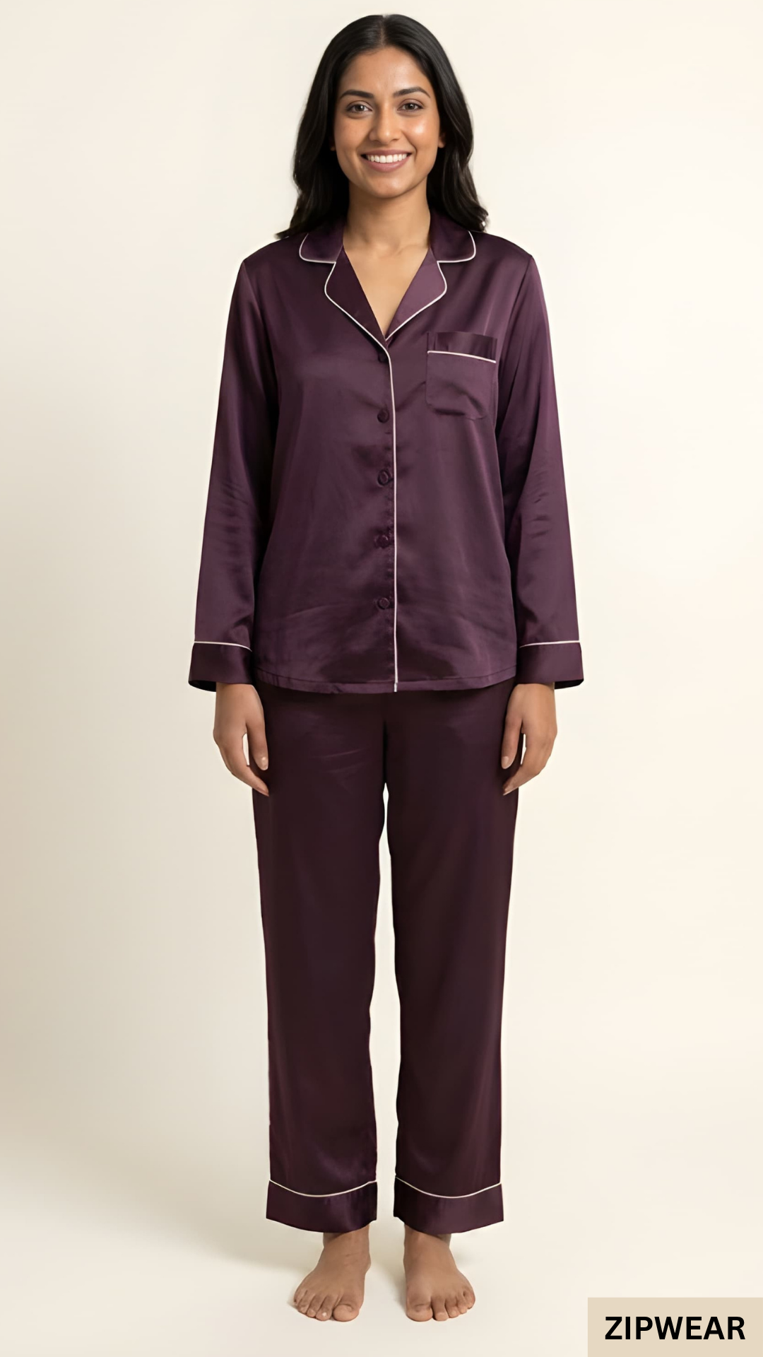 Plain Silk Night Suit - Purple
