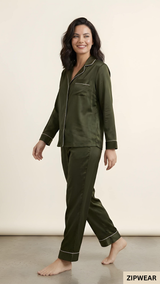 Plain Silk Night Suit - Olive