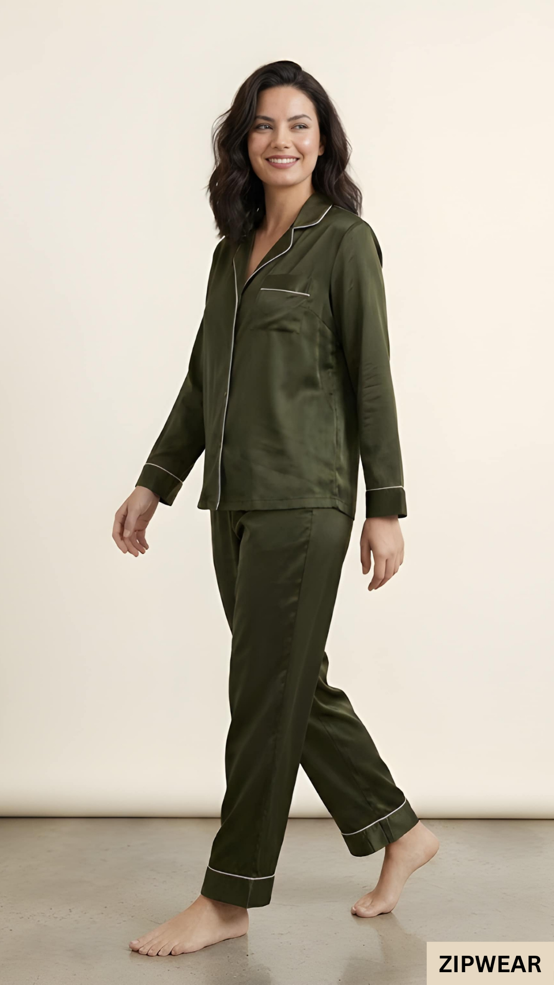 Plain Silk Night Suit - Olive
