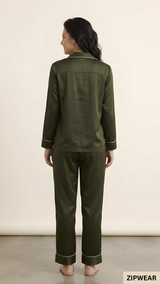 Plain Silk Night Suit - Olive