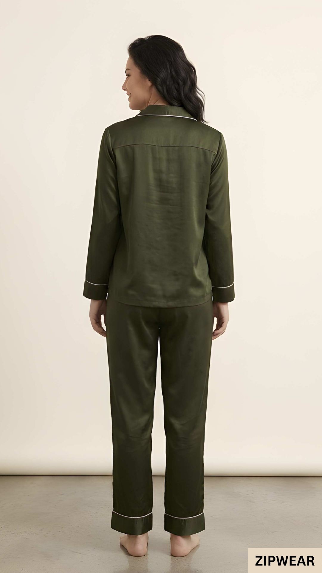 Plain Silk Night Suit - Olive