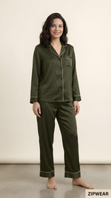 Plain Silk Night Suit - Olive