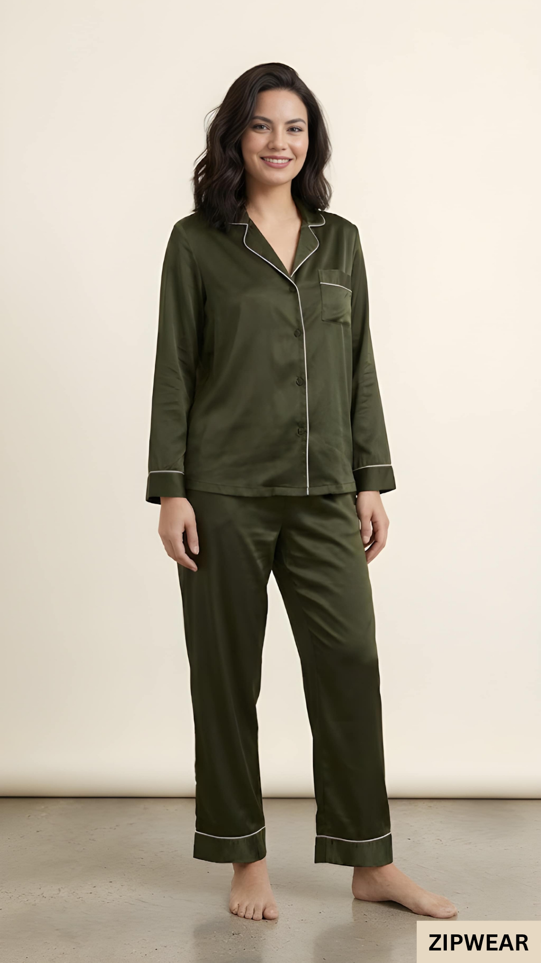 Plain Silk Night Suit - Olive