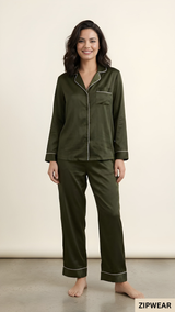 Plain Silk Night Suit - Olive