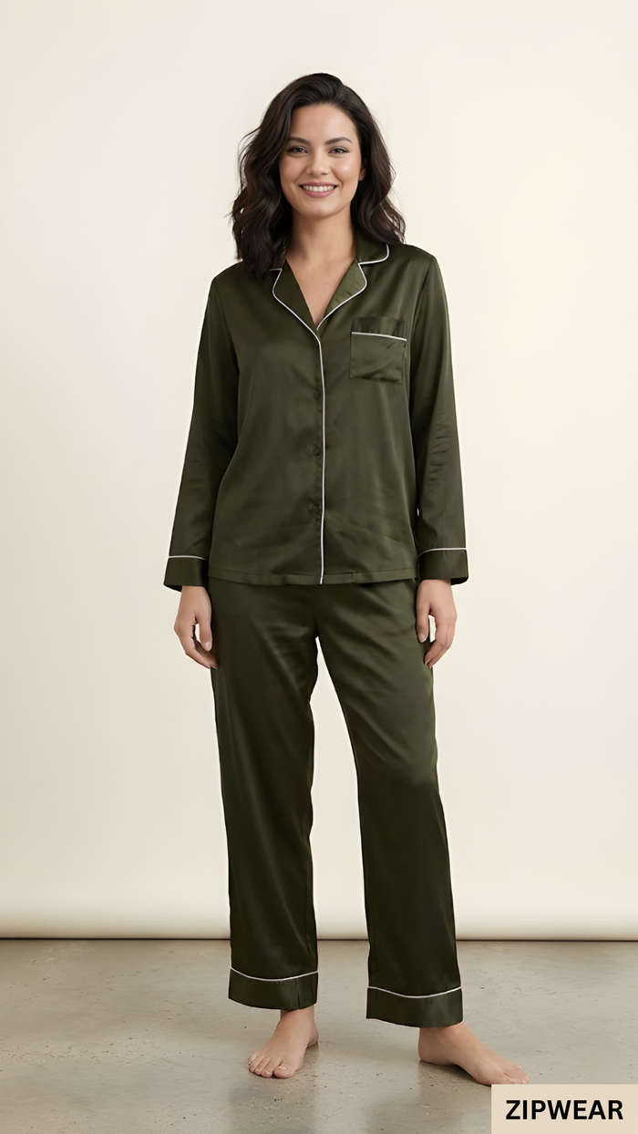Plain Silk Night Suit - Olive