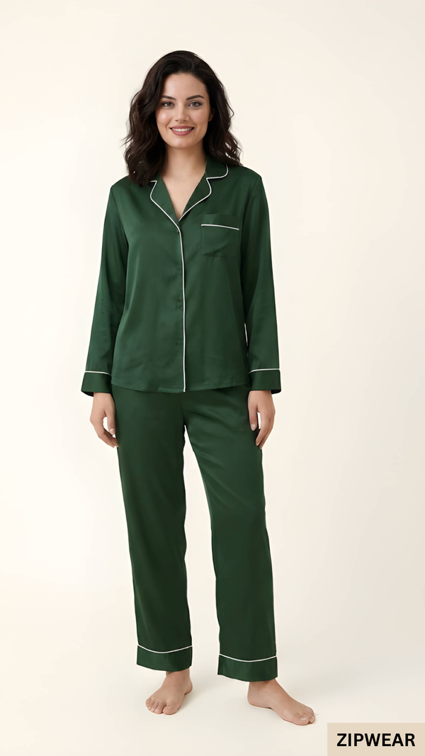 Plain Silk Night Suit - Bottle Green