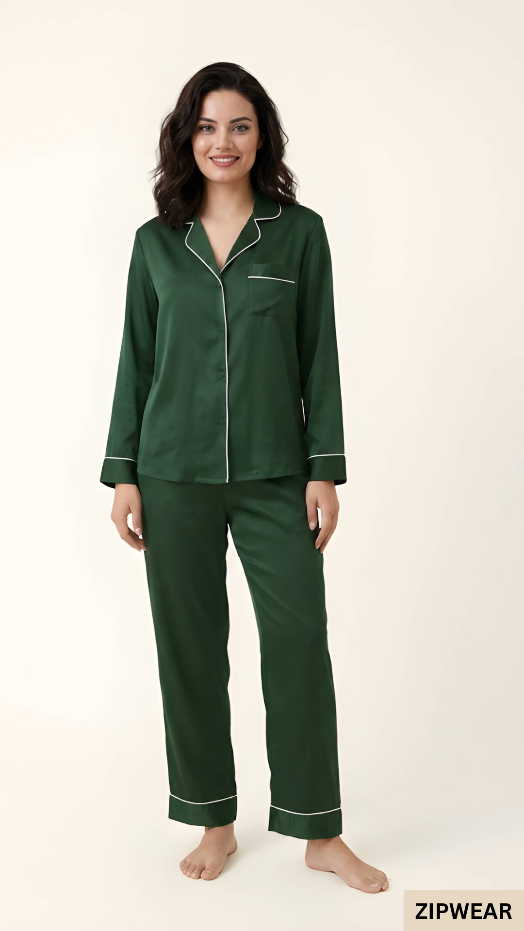 Plain Silk Night Suit - Bottle Green