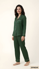 Plain Silk Night Suit - Bottle Green