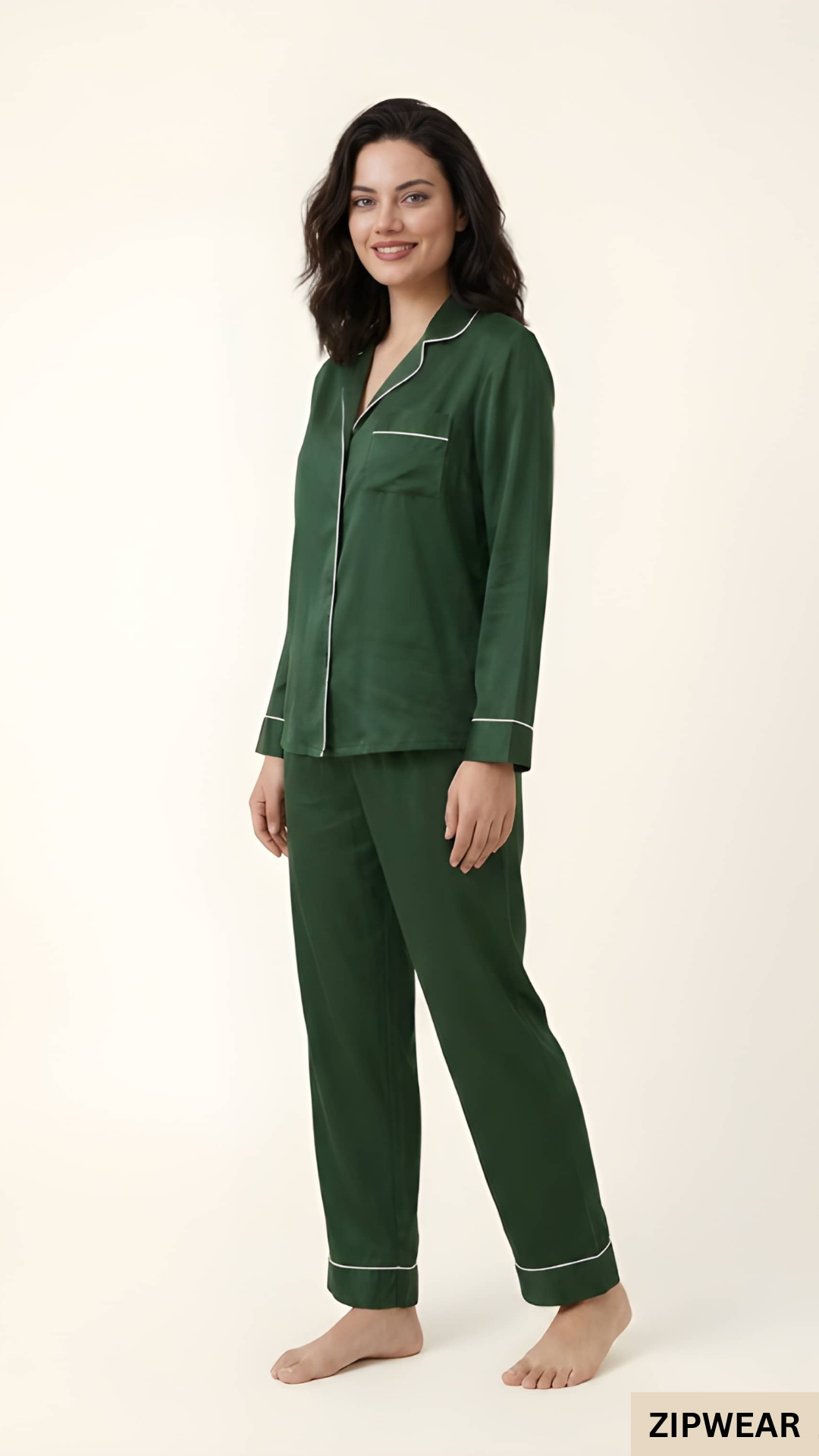 Plain Silk Night Suit - Bottle Green