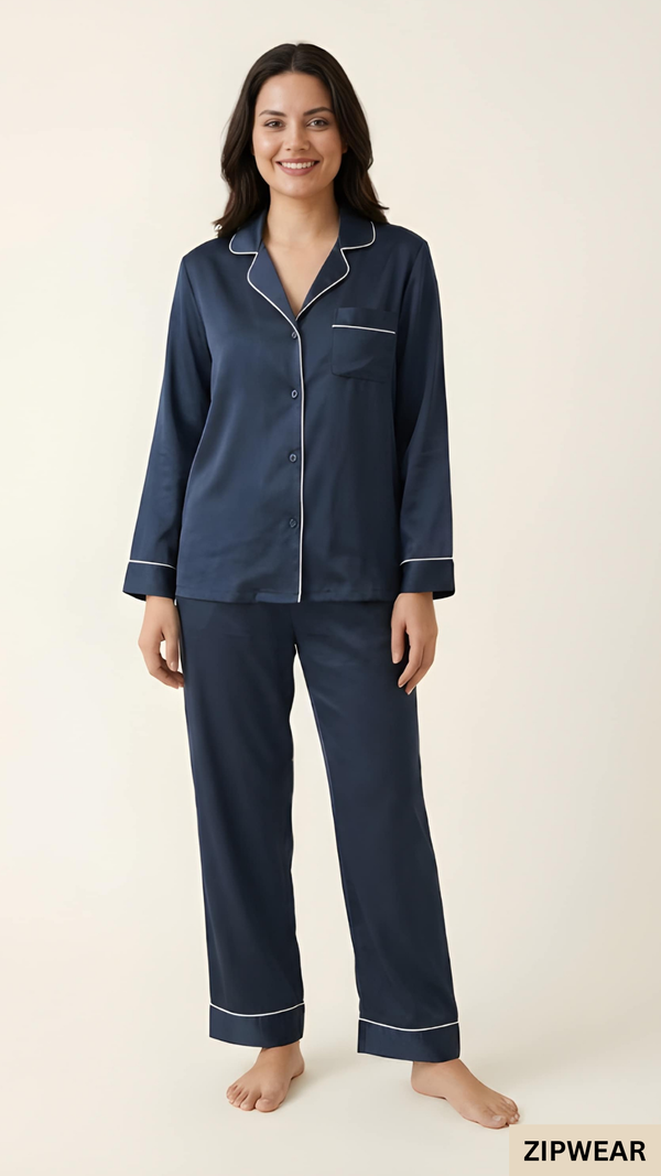 Plain Silk Night Suit - Navy Blue