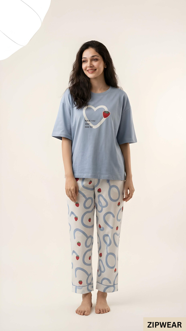 Strawberry Heart Sky Blue - PJ Suit - P11