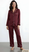 Plain Silk Night Suit - Maroon