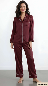 Plain Silk Night Suit - Maroon