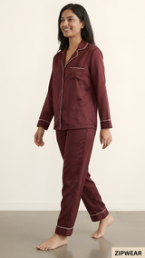Plain Silk Night Suit - Maroon