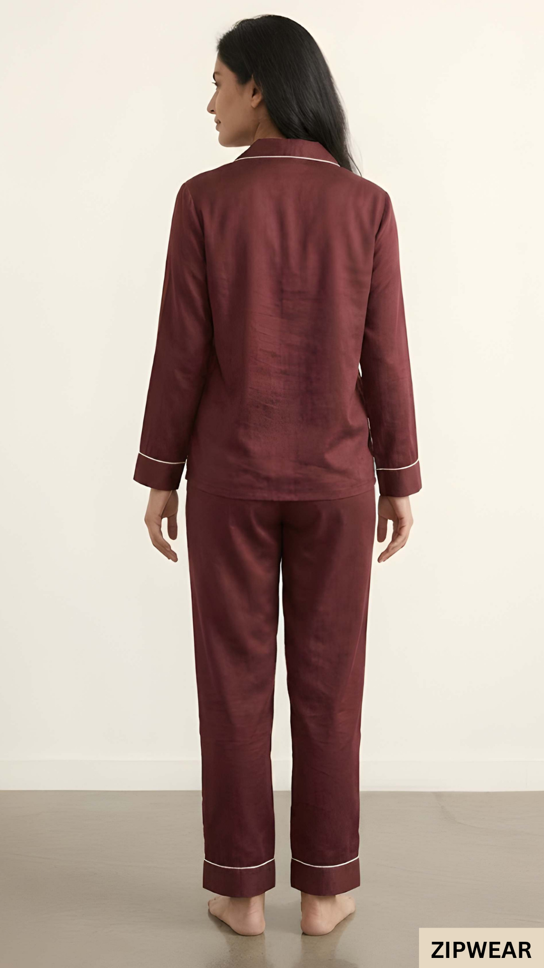 Plain Silk Night Suit - Maroon