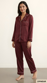 Plain Silk Night Suit - Maroon