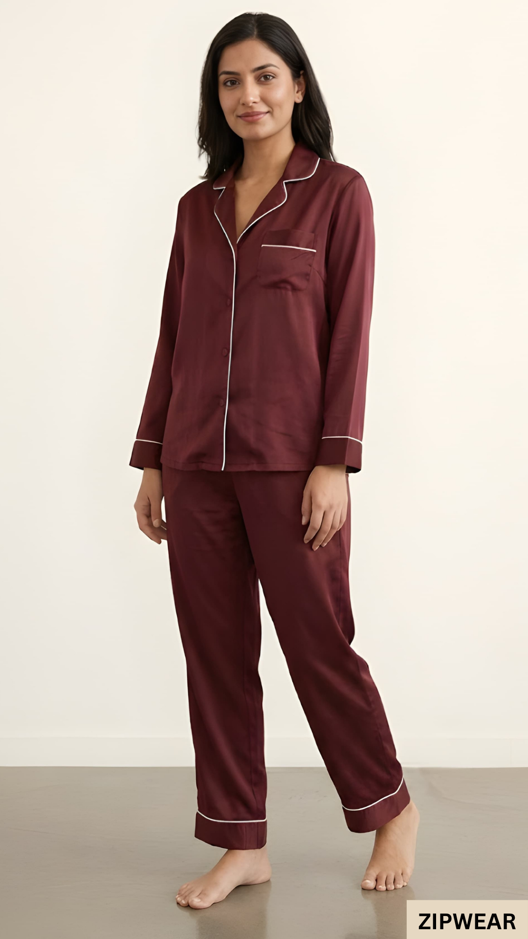 Plain Silk Night Suit - Maroon